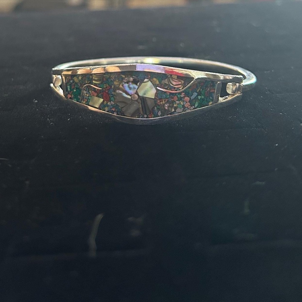Vintage Taxco Sterling Silver Inlay Bracelet | Mexican Mid Century Silver Bangle